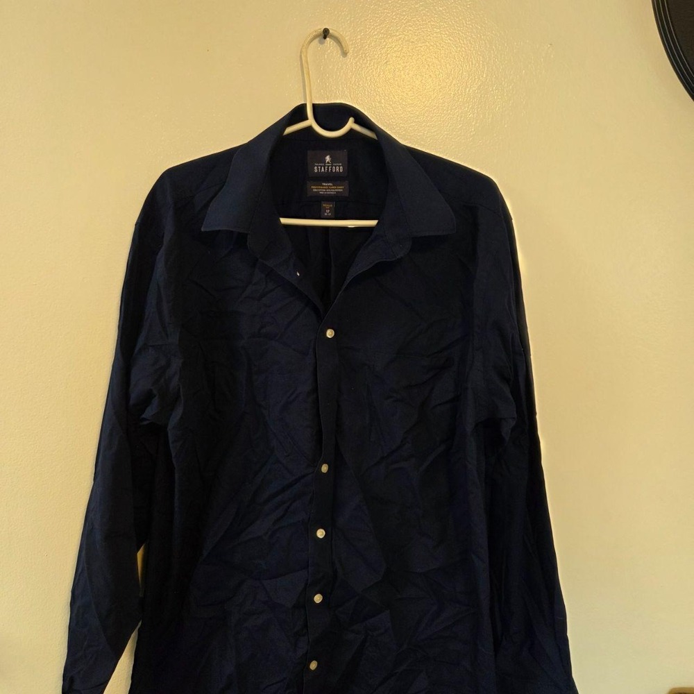 Stafford Travel Performance Navy Blue Long Sleeve Dress Shirt